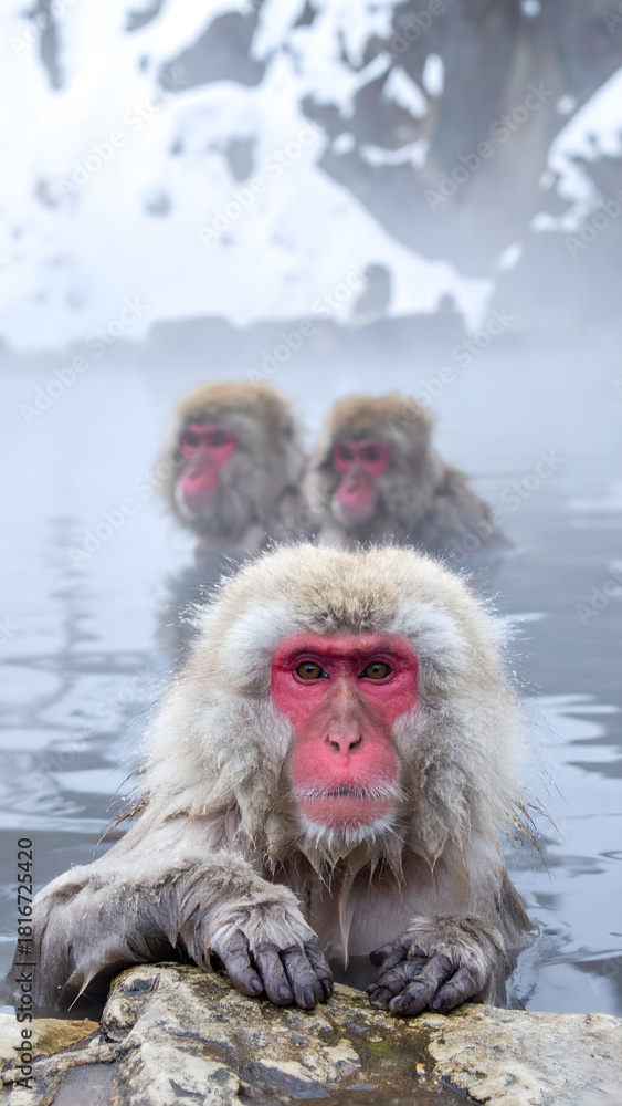 Naklejka premium Japanese Snow Monkeys in Hot Spring Onsen 