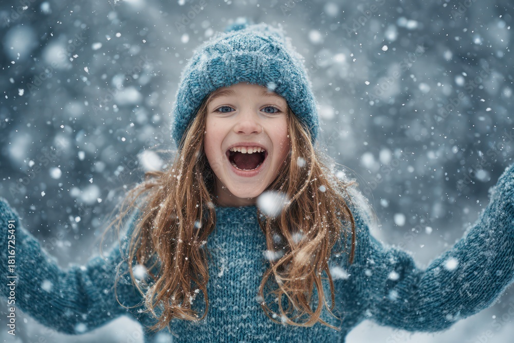Naklejka premium Girl's Delight: First Snowfall Excitement in Winter Wear