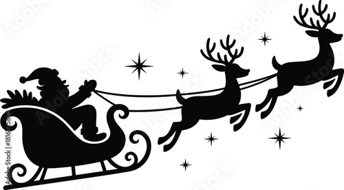 Black silhouette of Santa Claus in a sleigh pulled by reindeer