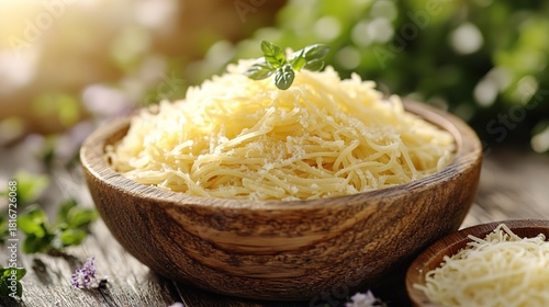 Shredded Cheese in Wooden Bowl with Fresh Herbs on Rustic Table