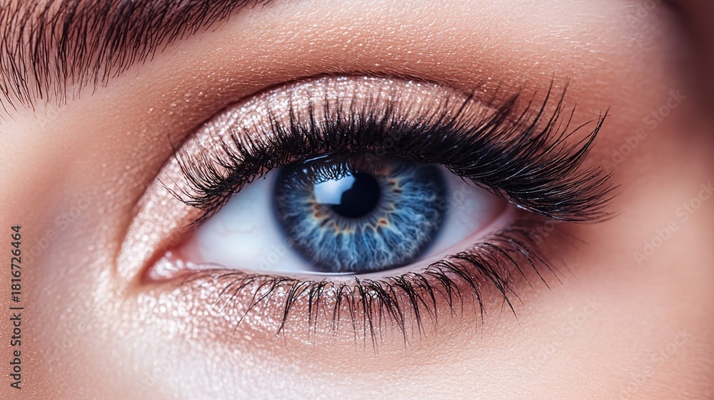 Obraz premium Close - up of a Woman's Eye with Long Eyelashes and Glittery Eyeshadow