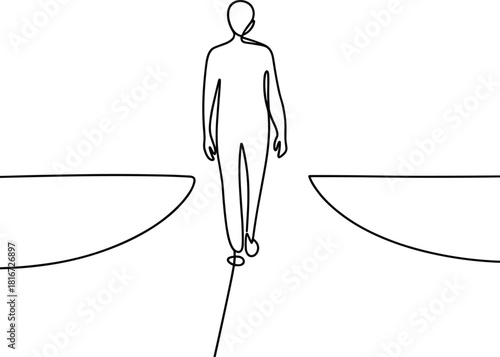Person walking across a gap on a tightrope balance