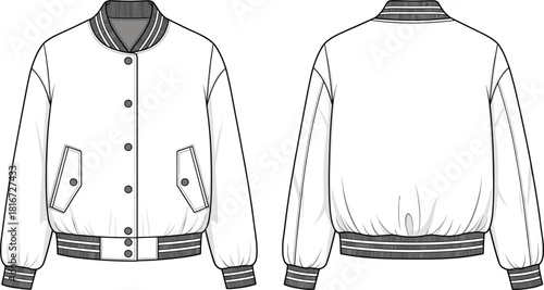 Varsity baseball jacket technical flat sketch vector, front and back view, snap buttons, ribbed trim, apparel design template for sportswear or college fashion