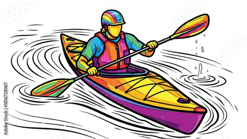 Kayak Paddler with Flowing Water Ripples – Colorful Continuous Line Art Illustration