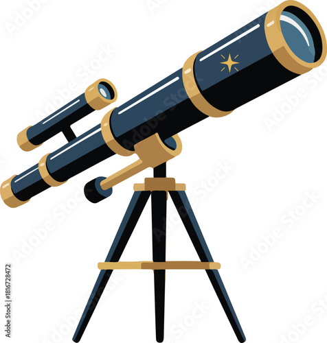 Dark blue and gold vector telescope on a black tripod for astronomy and scientific discovery