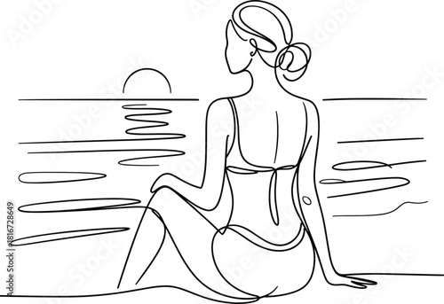 Woman in bikini sitting by the ocean at sunset line art