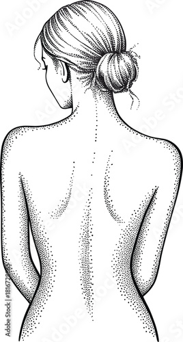 Woman's back and hair bun stippled illustration female