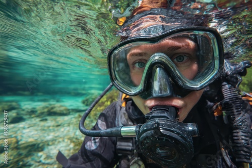 Wallpaper Mural Ocean Exploration: Scuba Diver with Gear at the Water's Edge Torontodigital.ca