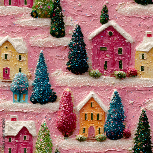 Seamless tile Christmas pink village with trees, impasto style thick acrylic with glitter