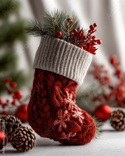 Cozy knitted holiday stocking filled with festive greenery and berries rests on a surface with seasonal decorations