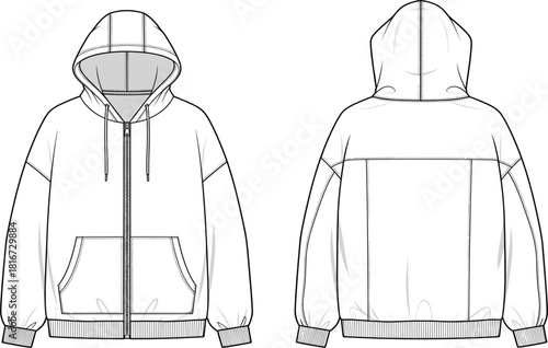 Oversized zip-up hoodie technical flat sketch vector, front and back view, hooded sweatshirt with kangaroo pocket, casual apparel design template for mockup