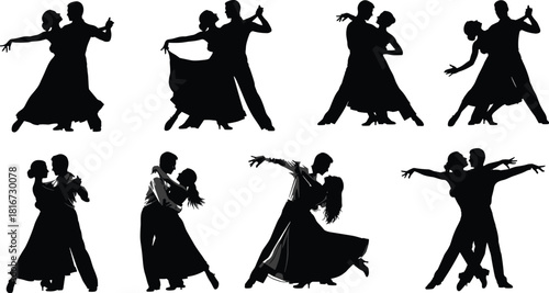 Set of ballroom dance couple silhouettes, featuring man and woman dancing waltz and tango poses, black and white vector illustration for wedding and party design.