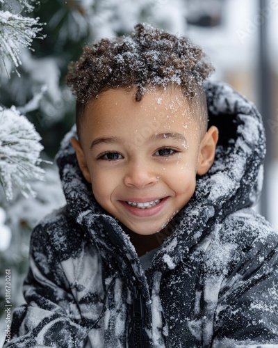 Happy young child wearing a snow-covered winter coat outdoors in cold weather