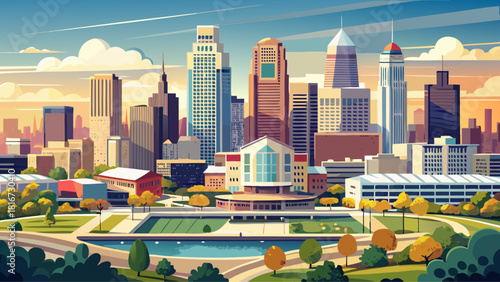 Very beautiful semi-realistic aerial vector panorama of Columbus, Ohio, featuring a clean skyline with modern towers, soft daylight, smooth gradients, and a balanced urban layout rendered in a neutral