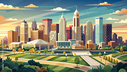 Very beautiful semi-realistic aerial vector panorama of Columbus, Ohio, featuring a clean skyline with modern towers, soft daylight, smooth gradients, and a balanced urban layout rendered in a neutral
