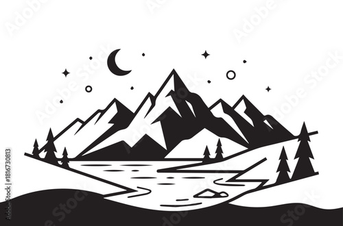 Minimalist Mountain Landscape at Night with River and Moon