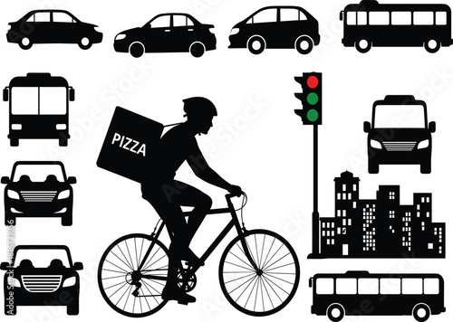 Urban transportation silhouette scene, pizza delivery cyclist, traffic light, city infrastructure, vehicle rows, metropolitan commute concept illustration flat vector