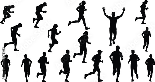 Set of black running silhouettes, athletic marathon runners, jogging figures, vector illustration isolated on white background, sport fitness training, active people collection