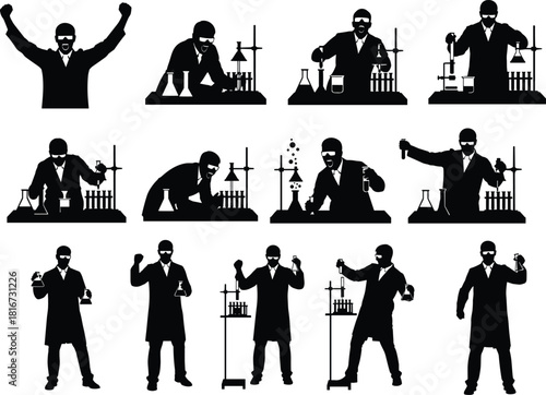 Scientist silhouette performing lab experiments, chemical mixing, reaction observation, research activity poses, laboratory equipment scene concept flat vector