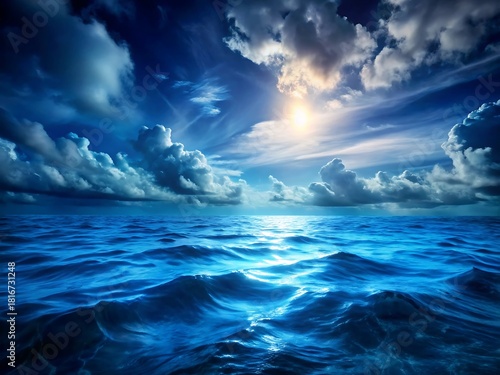 Sunlight over deep blue ocean waves