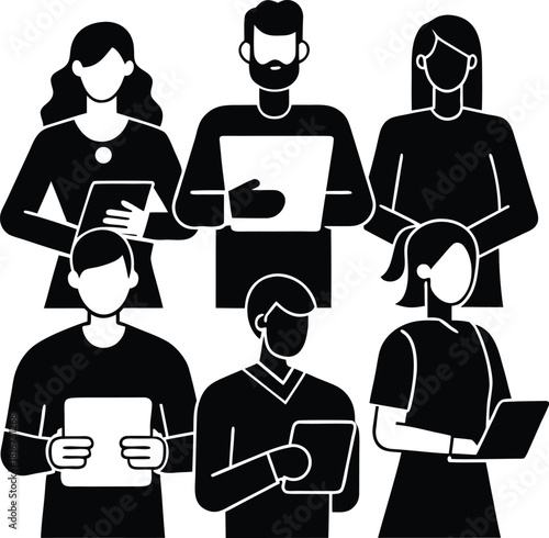 A stylized illustration of six diverse individuals, silhouetted in black, each holding and interacting with various digital devices.