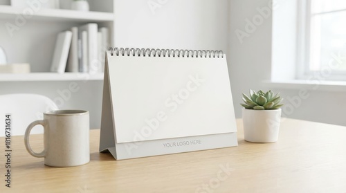 Desk Calendar Mockup with Office Decor - Clean desk setup with blank calendar, coffee mug, and small potted succulent, ideal for presentations or promotional materials