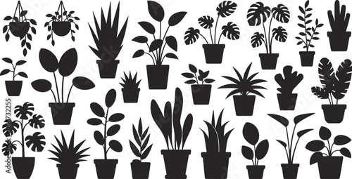 Indoor potted house plants vector silhouette collection, stylish dark home garden foliage, tropical aesthetic room decor elements, natural botanical illustration icon set.