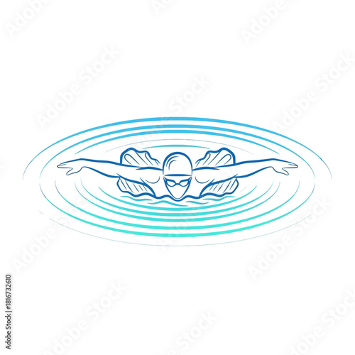 Elegant vector art of swimmer in action, demonstrating freestyle stroke with water ripples, perfect for sports branding