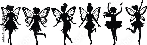 Diverse Fairy Silhouettes Collection: Six Fantasy Figures, Posing and Dancing, Beautiful Butterfly-Style Wings, Vector Black Icon Set