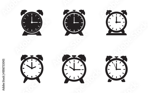 Alarm Clocks Collection with Varying Times Showing Different Hours Vector Graphic