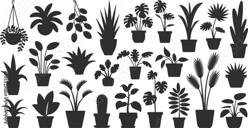 Potted plant silhouettes, botanical shapes, black foliage icons, indoor greenery, leaf variety, tropical plants, decorative flora, vector illustration, nature design, gardening elements