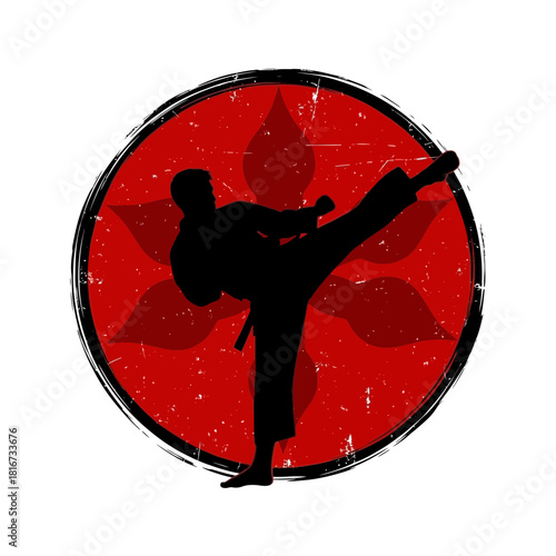 Dynamic martial artist silhouette kicking high in a grunge-style emblem with powerful circular energy force