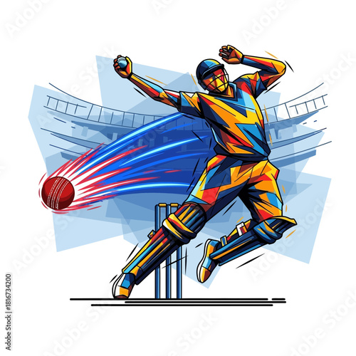 Dynamic cricket bowler unleashing a fast ball with speed trail effect, showcasing power and skill in vibrant design