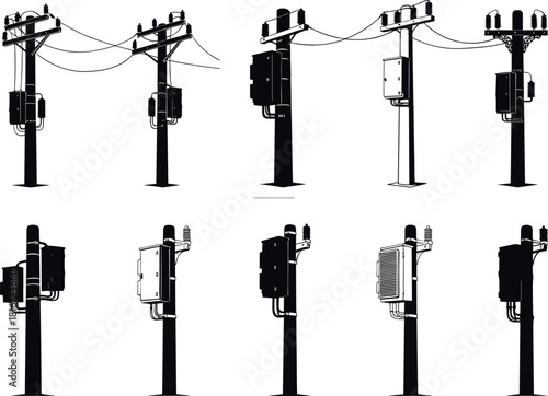 Front and side views of utility poles with electrical components – flavector infrastructure vector illustration set