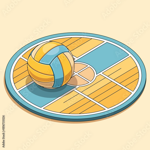 Vibrant volleyball resting playfully on a geometric patterned surface, sun-kissed energy radiates from the illustration