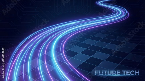 Flowing Neon Technology Background - Abstract flowing lines of neon light on a grid background representing future technology and innovation