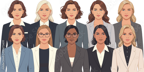 Diverse businesswomen vector portrait collection, group of professional female leaders in suits, teamwork, corporate staff, and empowerment illustration set