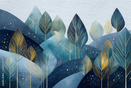 Ethereal Forest Landscape: A captivating abstract of a stylized forest, where the hills and trees morph into shimmering jewel-toned artwork that emanates peace and tranquility.