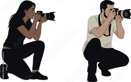 Photographers crouching with cameras, capturing moments, professional photo pose, shooting technique, visual storytelling, flavector