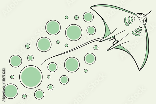 Cartoon Stingray Swimming with Bubbles on Pale Background fish marine life