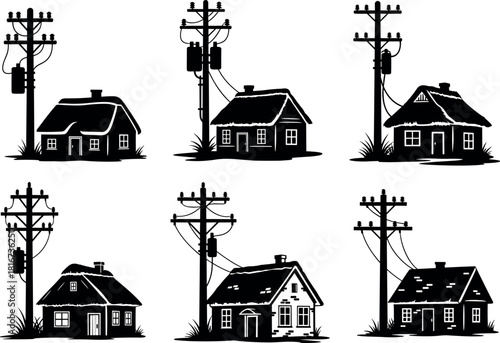 Residential houses, utility poles, electrical transformers, power lines, silhouette infrastructure, energy distribution, urban grid, flavector