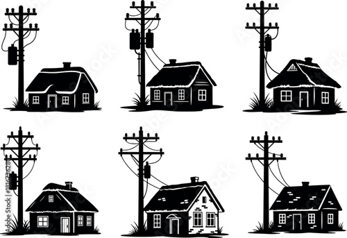 WebResidential houses with utility poles and transformers — flavector electrical distribution silhouette urban infrastructure set