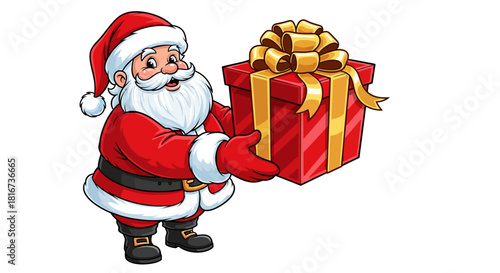 Cheerful Santa Claus in a red suit presents a large, wrapped gift box.