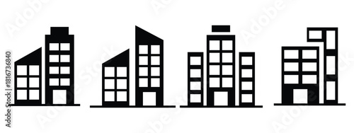 House and Building Icon Set – Residential, Office, School, and Skyscraper Vector Illustrations for Architecture and Urban Design