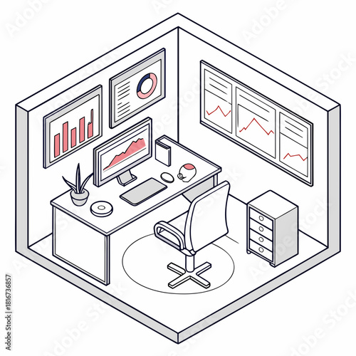 Isometric office cubicle with financial charts and computer