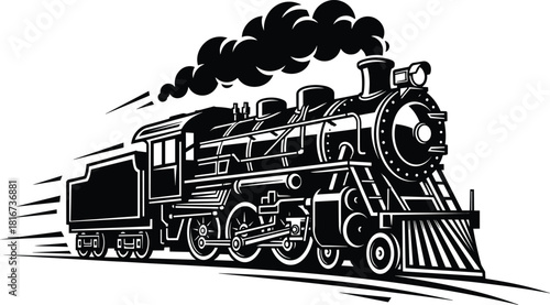 Retro steam train locomotive speeding with smoke clouds, black and white silhouette vector illustration, isolated on white background for transport logo design.