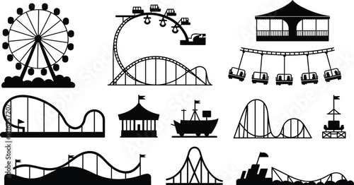 Set of black silhouettes featuring various amusement park rides, including the Ferris wheel, roller coasters, swinging swings, and carnival attractions for fun.Set of black 