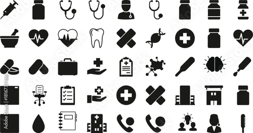 Medical and Healthcare Icons Set in Black Silhouette Style