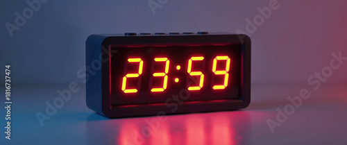 Digital flip clock changing from 23:59 to 00:00 with 'Happy New Year' LED display