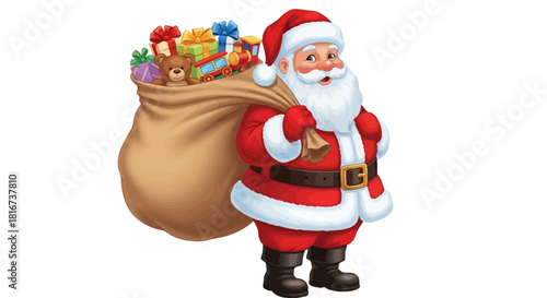 Cheerful Santa Claus figure carrying a large sack filled with colorful Christmas presents.